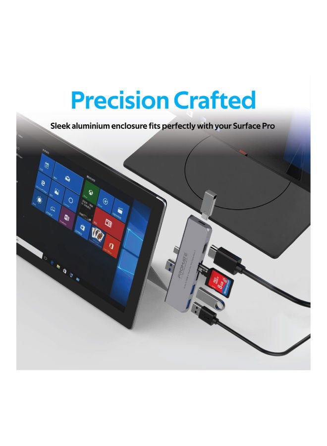 PROMATE - 6-In-1 USB-C Hub for Microsoft Surface Pro 7 Grey - Image 1