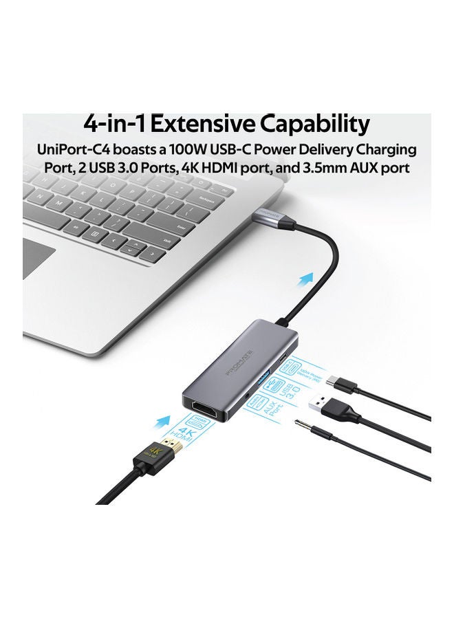 PROMATE - 4-In-1 Aluminium High-Speed USB-C Hub Grey - Image 1