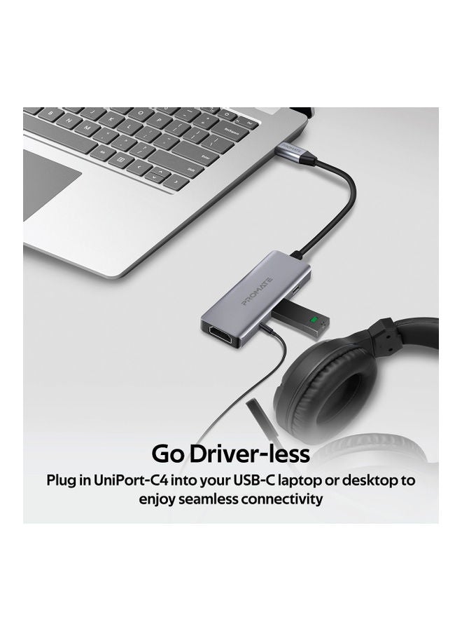 PROMATE - 4-In-1 Aluminium High-Speed USB-C Hub Grey - Image 1