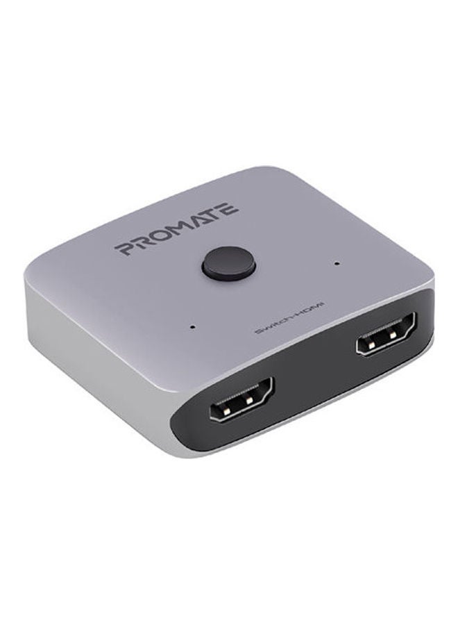 Promate 4K HDMI Switch Splitter, Aluminium 4K High Definition Bi-Directional 2 Input 1 Output HDMI Switch with Built-In Switch Button, Support 4K 60Hz and High Bandwidth Speed for HDTV, 3D Video, Xbox, Switch-HDMI Grey