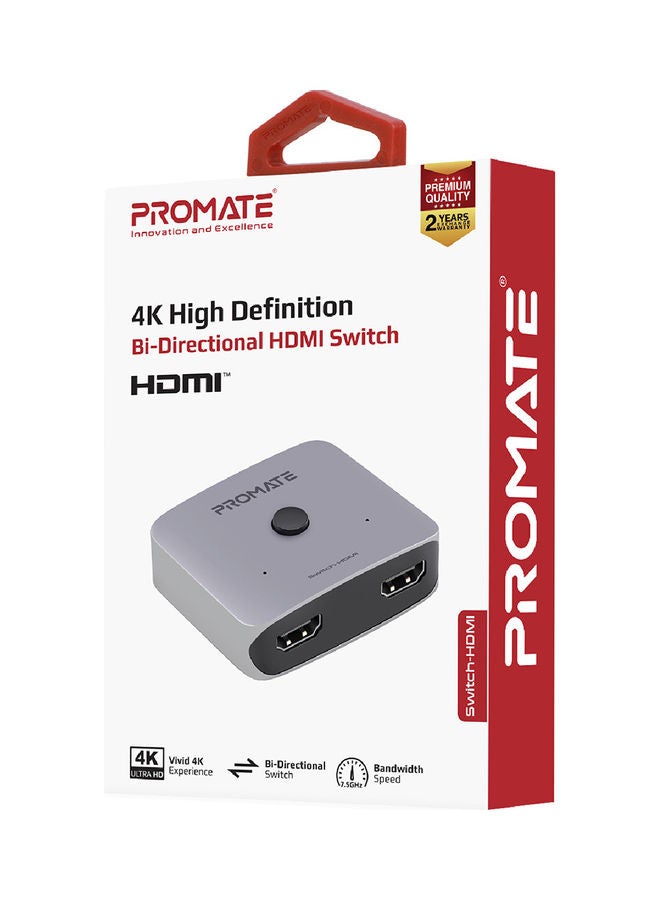 Promate 4K HDMI Switch Splitter, Aluminium 4K High Definition Bi-Directional 2 Input 1 Output HDMI Switch with Built-In Switch Button, Support 4K 60Hz and High Bandwidth Speed for HDTV, 3D Video, Xbox, Switch-HDMI Grey