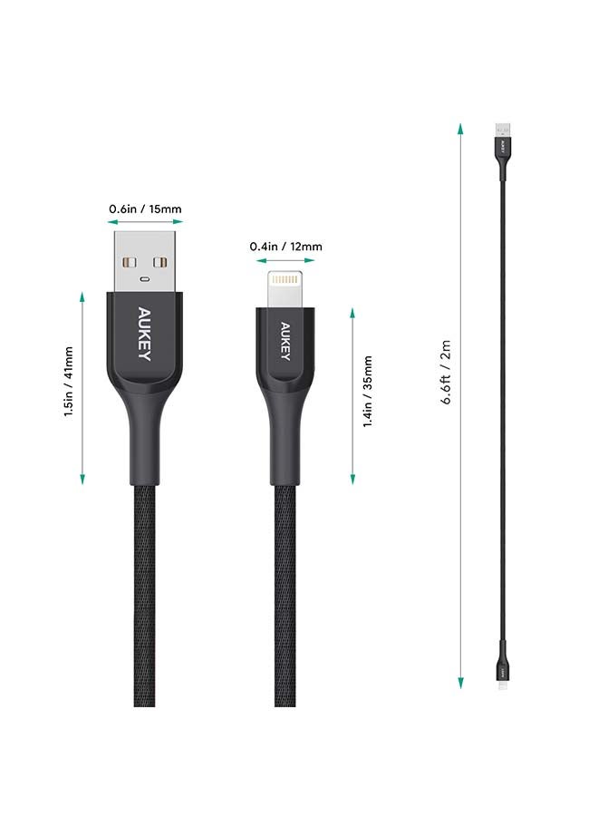 Aukey - CB-AKL2 USB A to Lightning Charging 2M Cable, Quick Charge 3.0 Kevlar Cable Compatible with iPhone 11Pro, 11, XS Max, XS, iPad Pro, iPad Mini and iPod Nano 7th gen devices - Black - Image 1