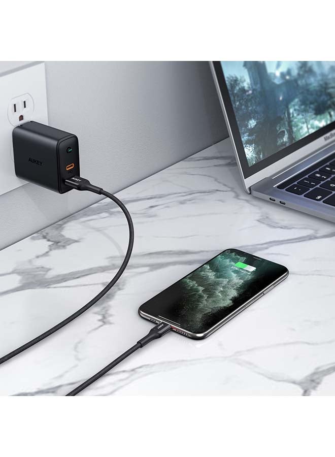 Aukey - CB-AKL2 USB A to Lightning Charging 2M Cable, Quick Charge 3.0 Kevlar Cable Compatible with iPhone 11Pro, 11, XS Max, XS, iPad Pro, iPad Mini and iPod Nano 7th gen devices - Black - Image 1