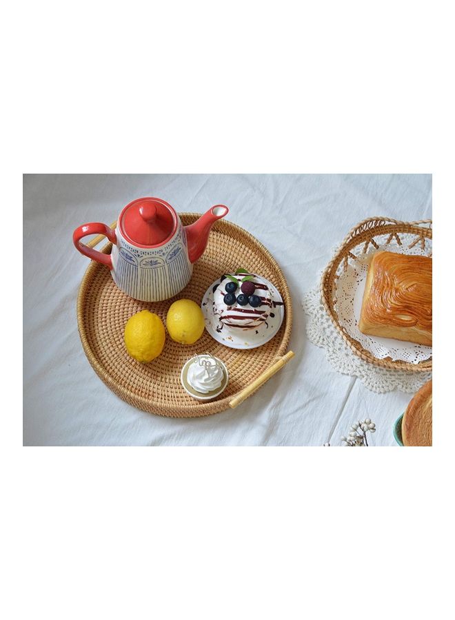 XiuWoo - Round Rattan Serving Tray with Handles Brown 32cm - Image 1