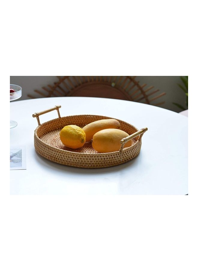 XiuWoo - Round Rattan Serving Tray with Handles Brown 32cm - Image 1