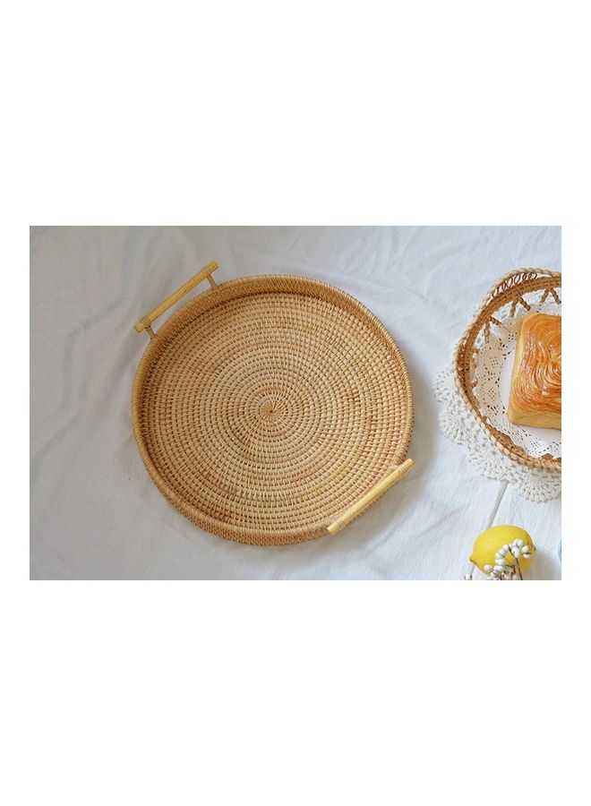 XiuWoo - Round Rattan Serving Tray with Handles Brown 32cm - Image 1