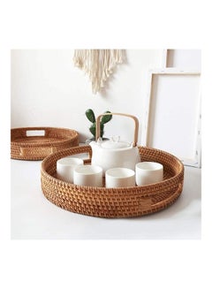 XiuWoo 2-Piece Round Woven Serving Tray with Handles Brown 42cm  - Image 2