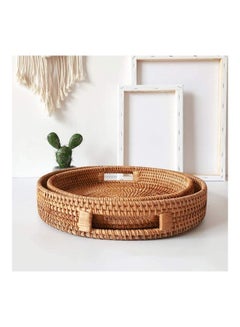 XiuWoo 2-Piece Round Woven Serving Tray with Handles Brown 42cm  - Image 3