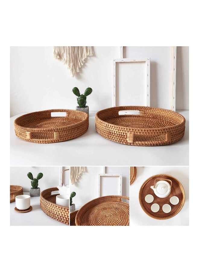 XiuWoo - 2-Piece Round Woven Serving Tray with Handles Brown 42cm - Image 1