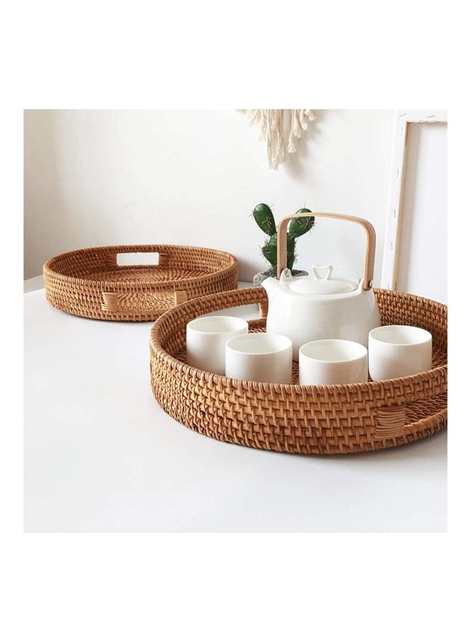 XiuWoo - 2-Piece Round Woven Serving Tray with Handles Brown 42cm - Image 1