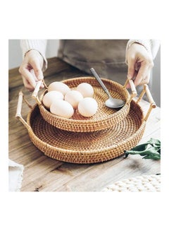 XiuWoo Round Rattan Woven Serving Tray with Handles Brown 24 x 12 x 3.5cm  - Image 3