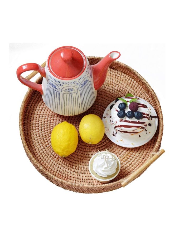 XiuWoo Round Woven Serving Tray with Handles Brown 22cm  - Image 1