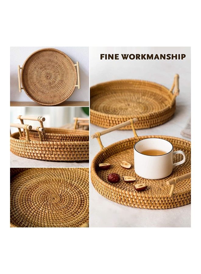XiuWoo Round Woven Serving Tray with Handles Brown 22cm - Image 2