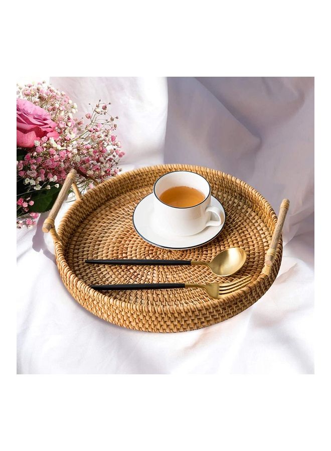 XiuWoo Round Woven Serving Tray with Handles Brown 22cm - Image 5
