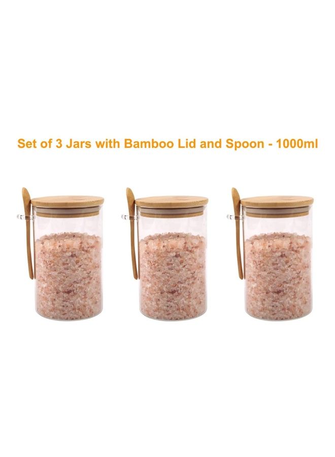 XiuWoo 3-Piece Jar with Bamboo Lid and Spoon Clear/Brown 3 x 1000ml  - Image 2