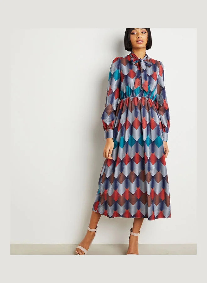 Closet By Styli Geo Print Tie-Up Neck A-Line Midi Dress Multicolour