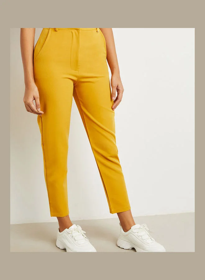 Closet By Styli Hook-Zip Closure Slim Fit Trousers Yellow