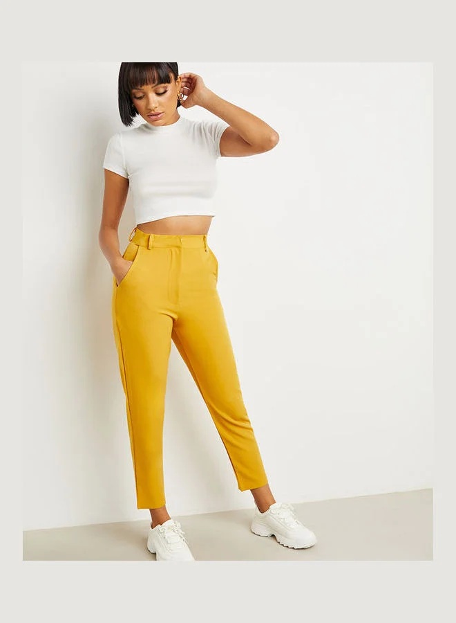 Closet By Styli Hook-Zip Closure Slim Fit Trousers Yellow