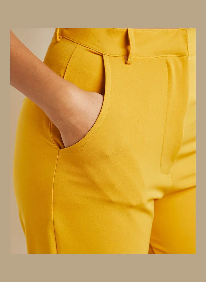 Closet By Styli Hook-Zip Closure Slim Fit Trousers Yellow