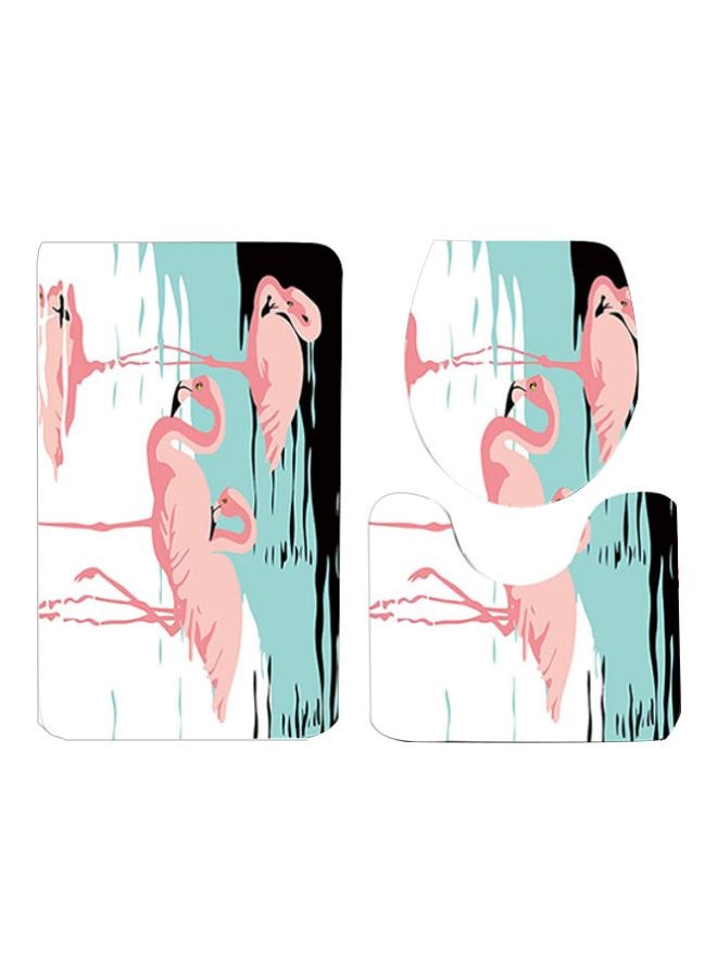 3-Piece Flamingos Printed Anti Skid Toilet Mat Set White/Pink/Blue One Size