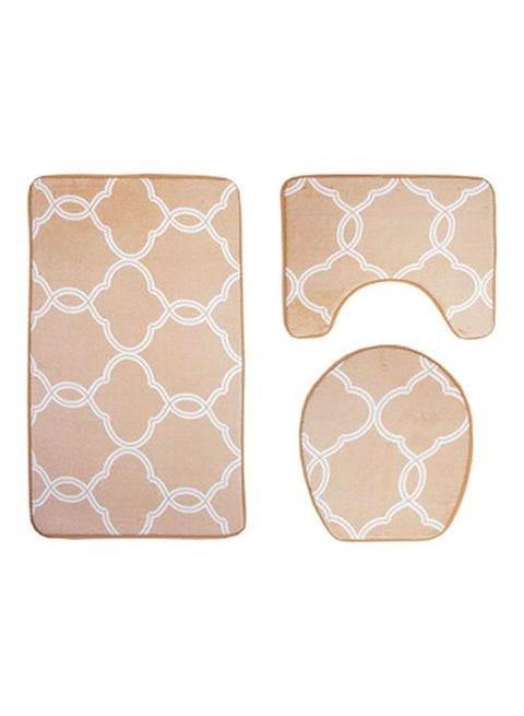 3-Piece Geometric Pattern Anti Skid Toilet Mat Set Beige/White
