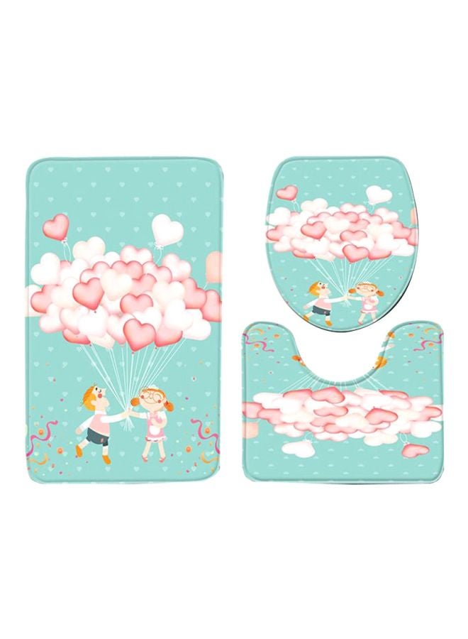 3-Piece Cartoon Printed Bathroom Mat Set Blue/Pink/Beige Rectangular Mat (75x45), Size Of U Shaped Mat (37.5x45), Size Of Toilet Cover (35x45)cm
