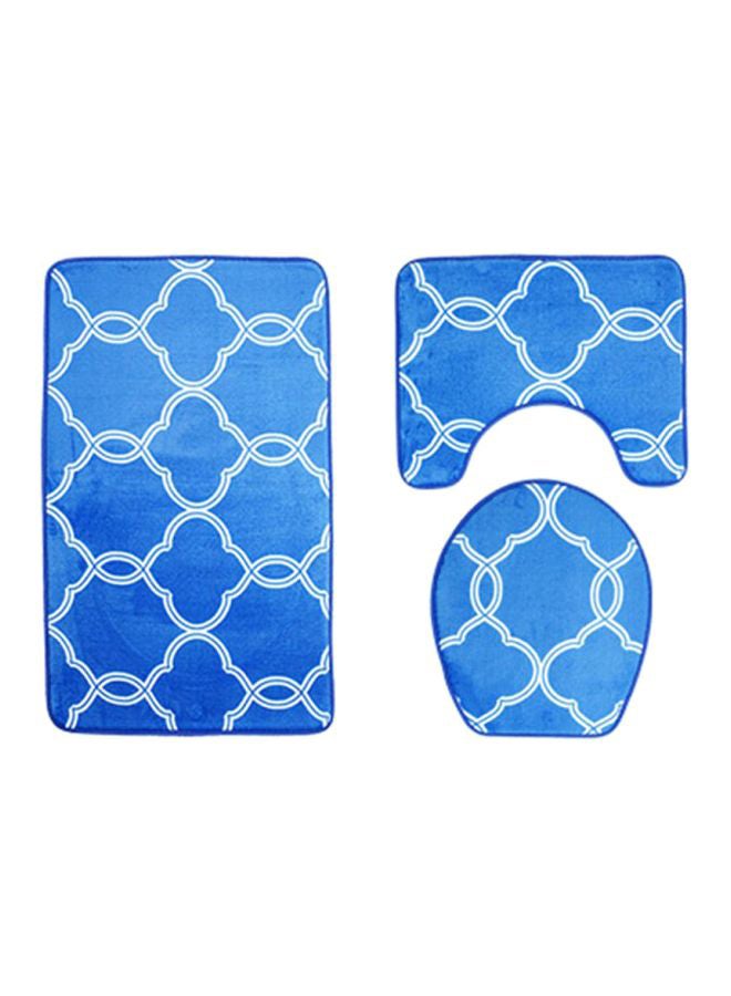 3-Piece Printed Bath Mat Set Blue/White Rectangular Mat (75x45), U Shaped Mat (37.5x45), Toilet Cover (35x45)cm