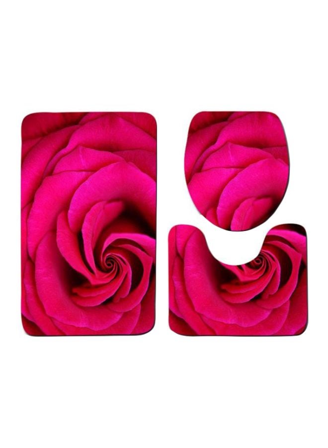 3-Piece Rose Printed Bathroom Mats Set Pink/Black Square Mat (75x45), U-Shaped Mat (45x37.5), Toilet Seat (45x35)cm