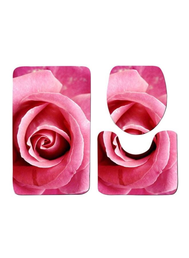 طقم بساط حمام بطبعة زهور مكون من 3 قطع وردي / أبيض / أسود Rectangular Mat (75x45), U Shaped Mat	(37.5x45), Toilet Cover (45x35)سم