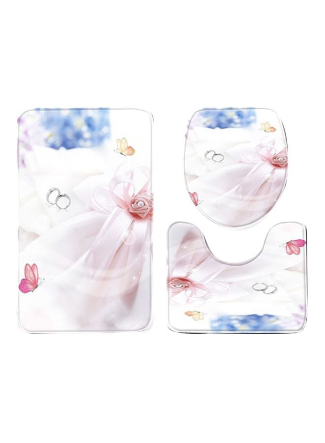 3-Piece Floral Printed Bath Mat Set White/Pink/Blue Rectangular Mat(75x45),  Shaped Mat(37.5x45), Toilet Cover(35x45)cm