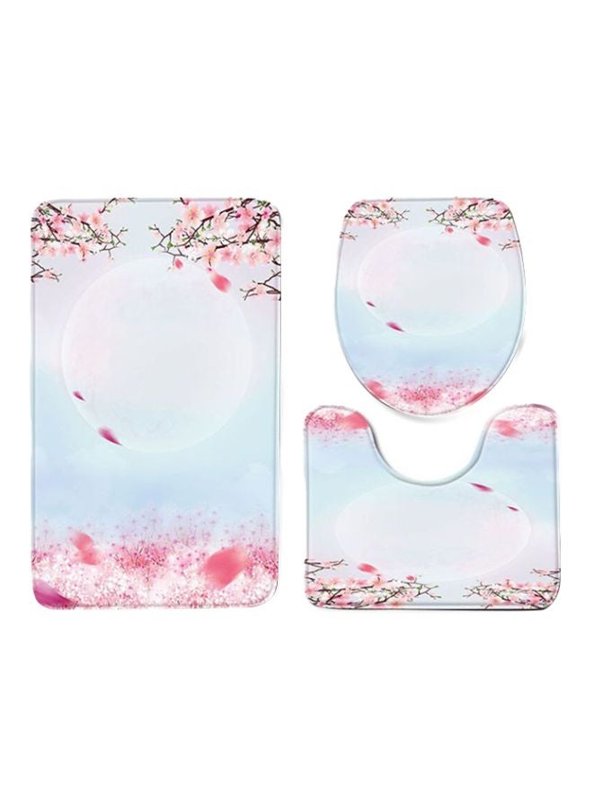 3-Piece Floral Printed Bath Mat Set Blue/Pink/White Rectangular Mat (75x45), U Shaped Mat (37.5x45), Toilet Cover (35x45)cm