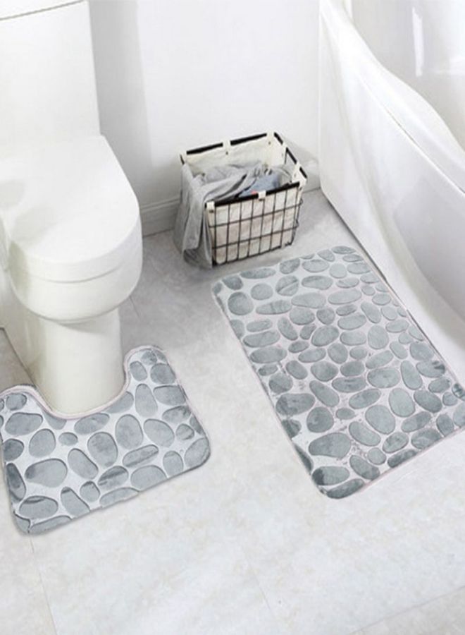 3-Piece Stone Printed Bath Mat Set Grey Bath Mat (50x80), U-Shaped Mat (50x40)cm - Image 2
