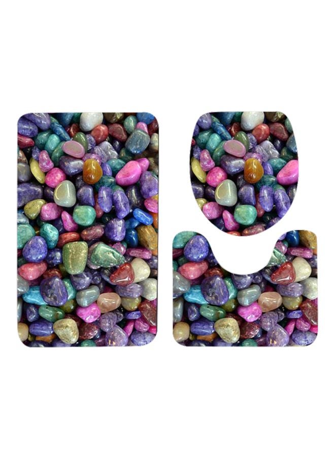 3-Piece Stone Printed Bath Mat Set Pink/Green/Blue Rectangular Mat(	75x45), U Shaped Mat(37.5x45), Toilet Cover(35x45)cm