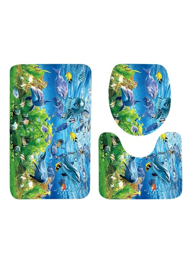 طقم بساط حمام بطبعة أسماك مكون من 3 قطع أخضر / أبيض / أزرق Rectangular Mat(75x45), U Shaped Mat(37.5x45), Toilet Cover(35x45)سم