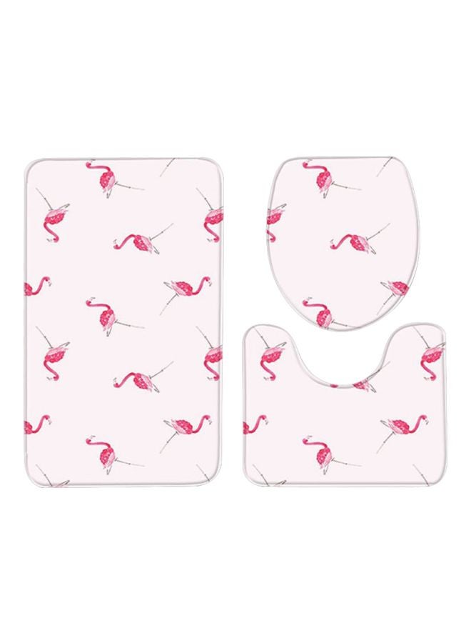 3-Piece Bird Printed Bath Mat Set Pink Rectangular Mat ( 75x45), U Shaped Mat (37.5x45), Toilet Cover (35x45)cm