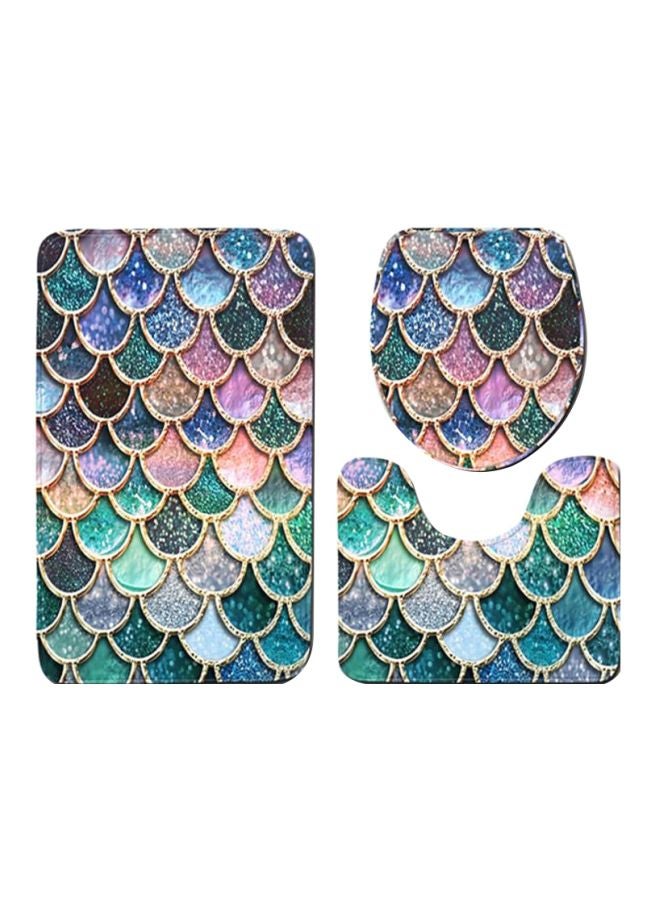3-Piece Printed Bath Mat Set Green/Pink/Blue Rectangular Mat( 75x45), U Shaped Mat(37.5x45), Toilet Cover(35x45)cm