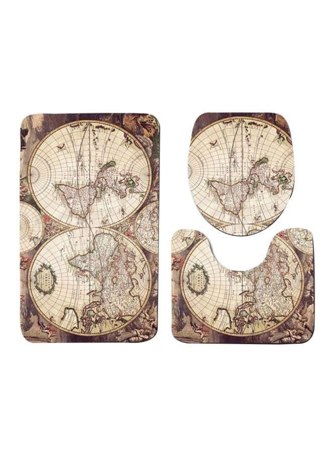 3-Piece Map Printed Bath Mat Set Beige/Brown/Green Rectangular Mat(75x45), U Shaped Mat(37.5x45), Toilet Cover(35x45)cm