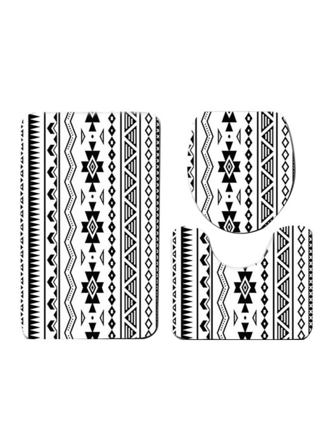 3-Piece Printed Bath Mat Set White/Black Rectangular Mat(75x45), U Shaped Mat(37.5x45), Toilet Cover(35x45)cm
