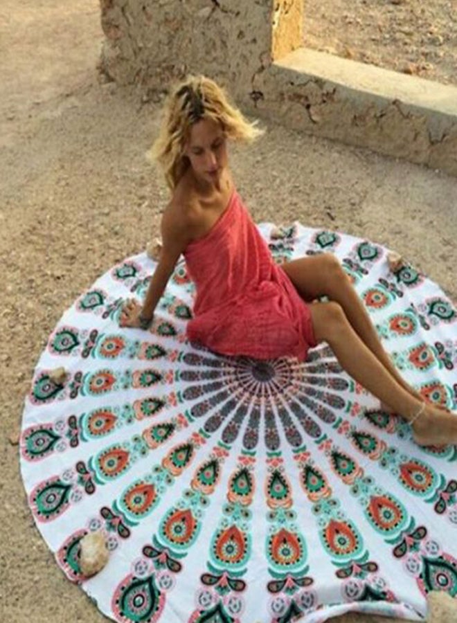 Printed Round Beach Towel White/Green 150x150cm - Image 2