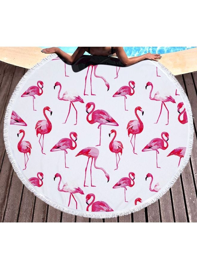 Round Shaped Flamingos Printed Beach Towel White/Pink/Red - Image 2