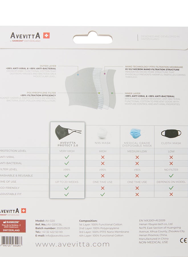 AVEVITTA SWITZERLAND Protect 2.0 Anti-Virus Reusable Mask Black - Image 3