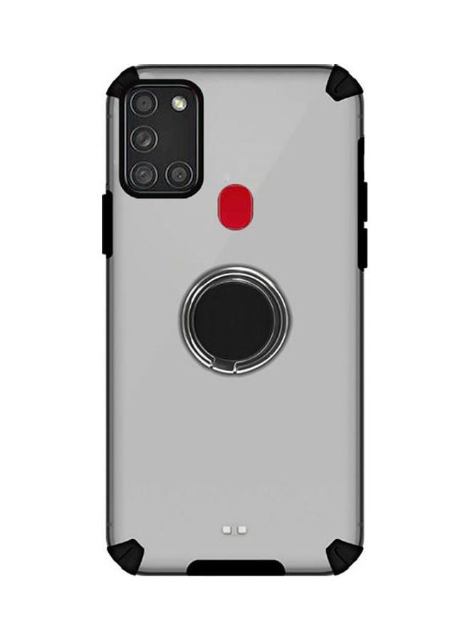 For Samsung A21S Back Translucent Matte Hard With Soft Bumper Shockproof And Non-Slip Protective Cover With Metal Ring Holder - Black / Clear Black/clean  - Image 1