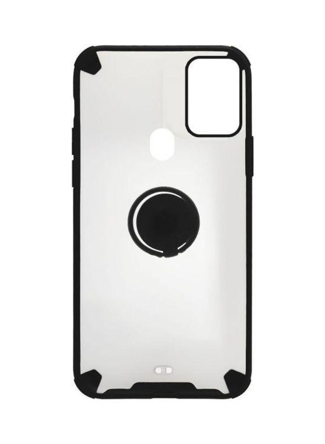 For Samsung A21S Back Translucent Matte Hard With Soft Bumper Shockproof And Non-Slip Protective Cover With Metal Ring Holder - Black / Clear Black/clean  - Image 2