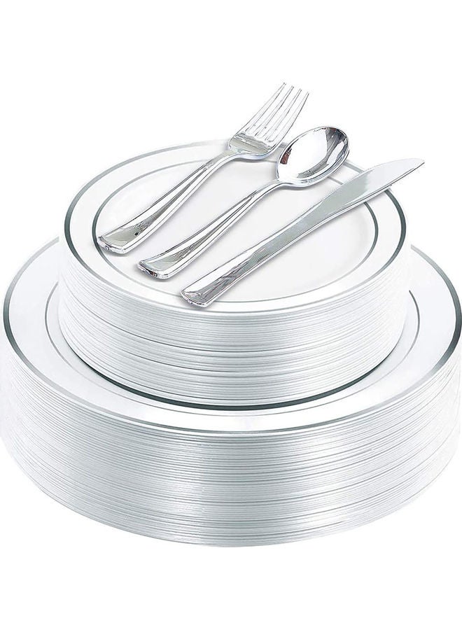 AIWANTO 125-Piece Dinnerware Set White/Silver Plate(Large-10.25,Small-7.5), Knife-7.87, Spoon-6.89, Fork-7.4inch - Image 1