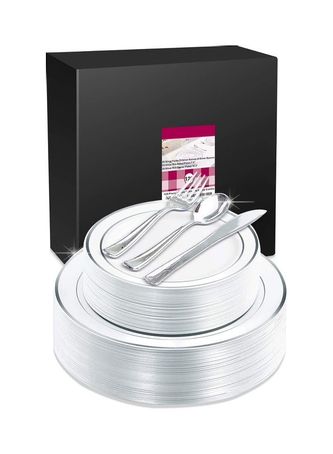 AIWANTO 125-Piece Dinnerware Set White/Silver Plate(Large-10.25,Small-7.5), Knife-7.87, Spoon-6.89, Fork-7.4inch - Image 2