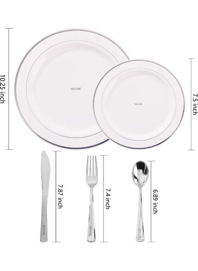 AIWANTO 125-Piece Dinnerware Set White/Silver Plate(Large-10.25,Small-7.5), Knife-7.87, Spoon-6.89, Fork-7.4inch - Image 3