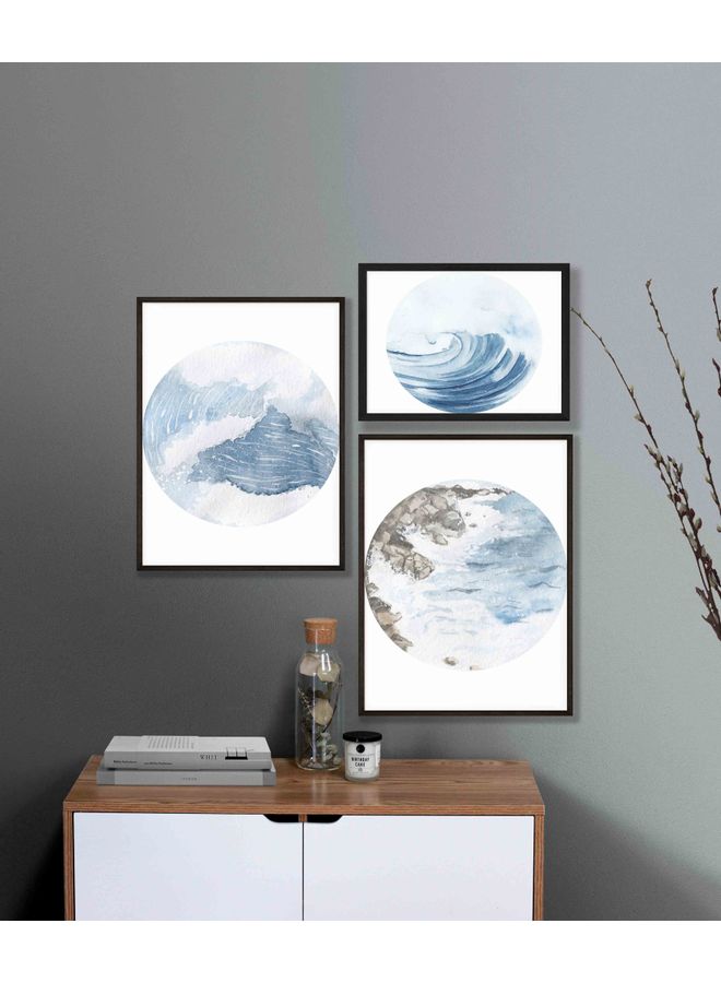 لوحة مجموعة لوحات فنية بإطار بطبعة بحر من 3 قطع أبيض/أزرق 67x67x2سم - Image 2