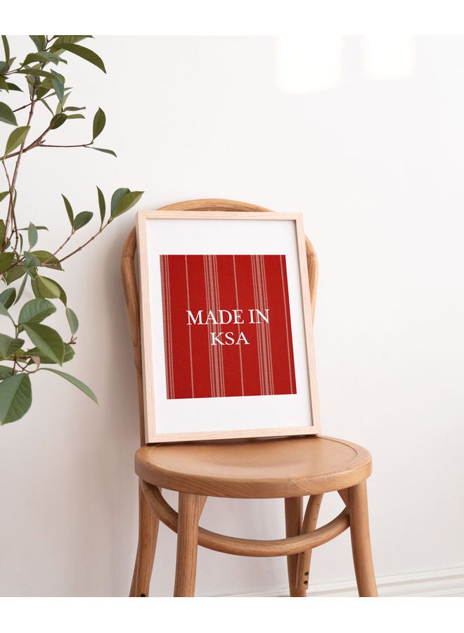لوحة فنية بإطار بطبعة عبارة "Made In KSA" أحمر/أبيض/بيج 43x53سم - Image 2