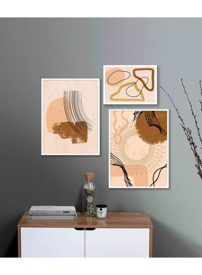 LOWHA 3-Piece Abstract Art Themed Framed Painting Set Beige/Brown/White 67x67x2cm - Image 1