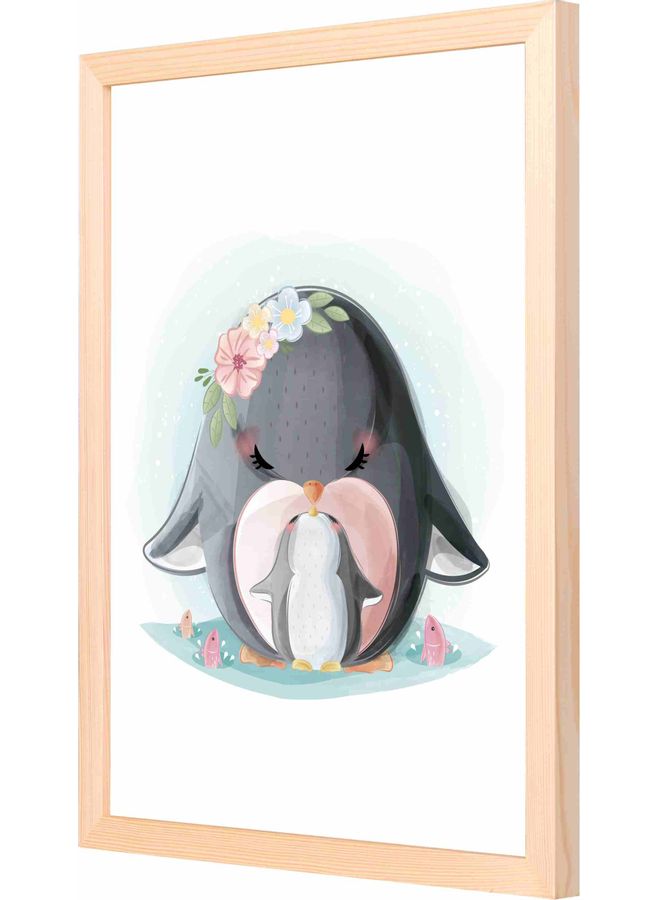 LOWHA Penguin Themed Framed Painting White/Grey/Pink  - Image 1